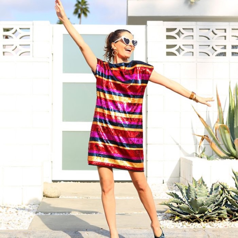 NWT TRINA TURK 6 Breene Striped Sequin Retro Dress Mult